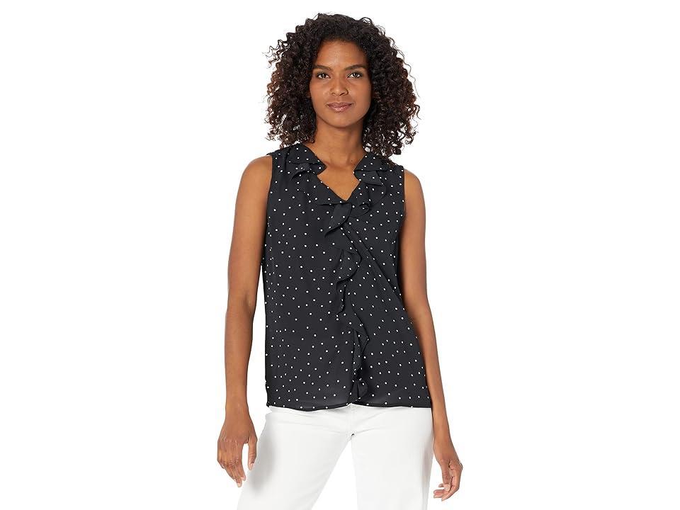 Vince Camuto Sleeveless V-Neck Ruffle Front Pindot Blouse (Rich ) Women's Clothing Product Image