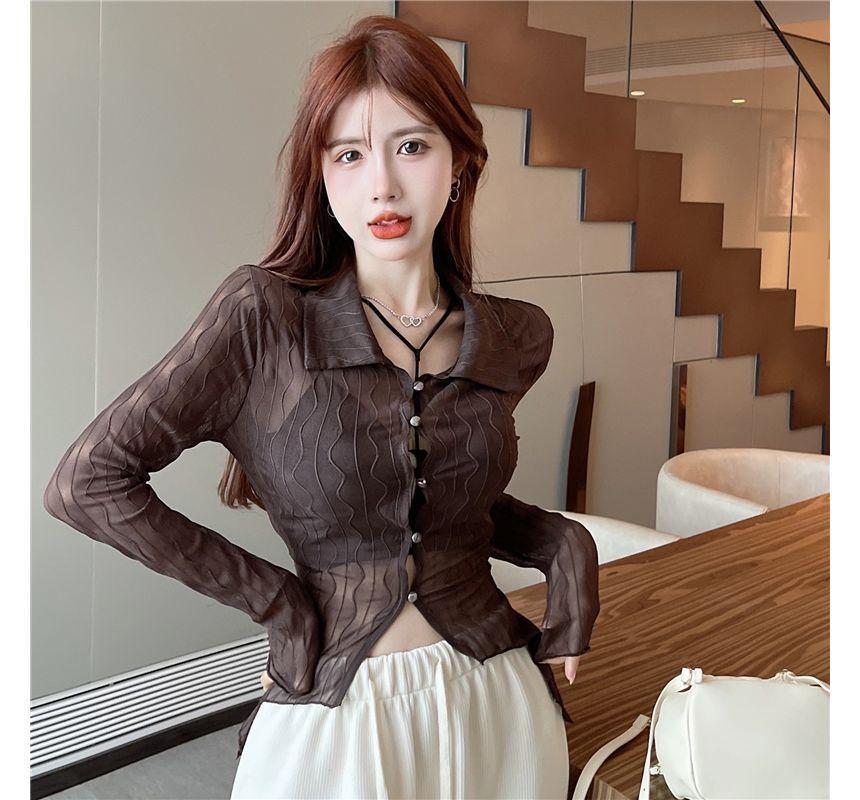 Long-Sleeve Sheer Knit Crop Top Product Image