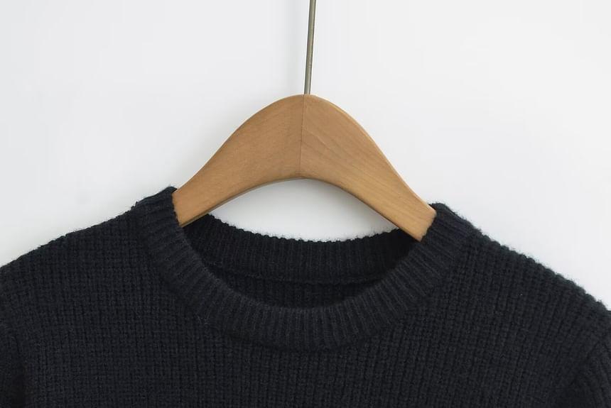 Crew Neck Plain Ribbed Knit Crop Sweater Product Image