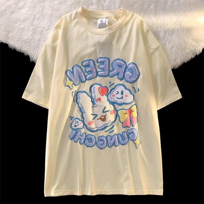 Short Sleeve Rabbit & Lettering Print Loose-Fit Tee Product Image