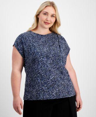 Plus Size Printed Knit Pleated-Trim Top Product Image