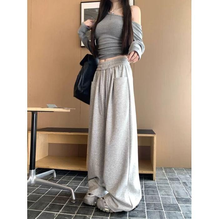 Drawstring Waist Plain Wide Leg Pants Product Image