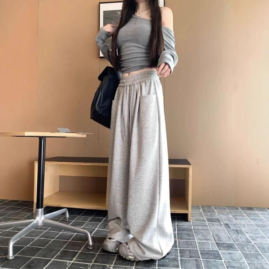 Drawstring Waist Plain Wide Leg Pants Product Image