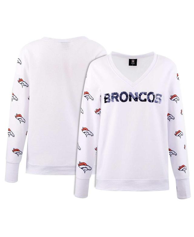 Womens Cuce White Denver Broncos Sequin Fleece V-Neck T-shirt Product Image