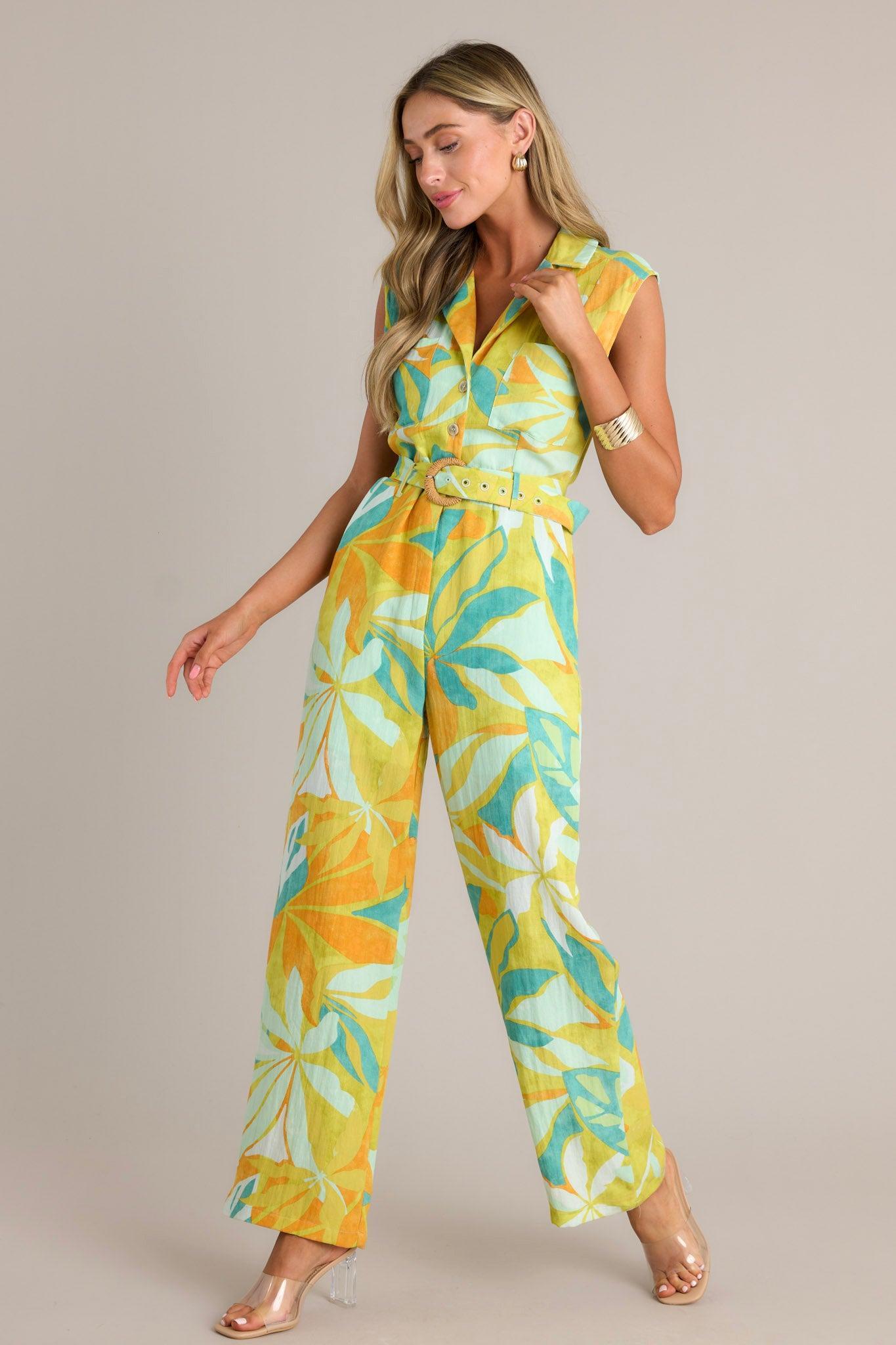 Sunset Glow Lime Green Tropical Print Belted Jumpsuit Product Image