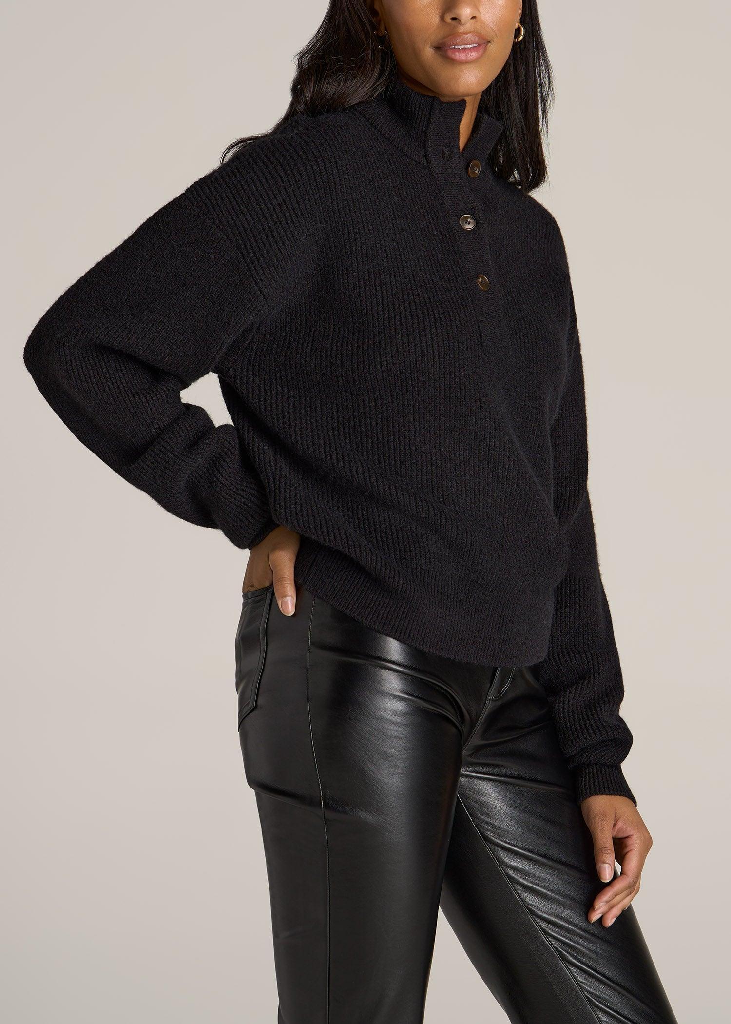 Button Front Mock Neck Sweater for Tall Women in Black Female Product Image