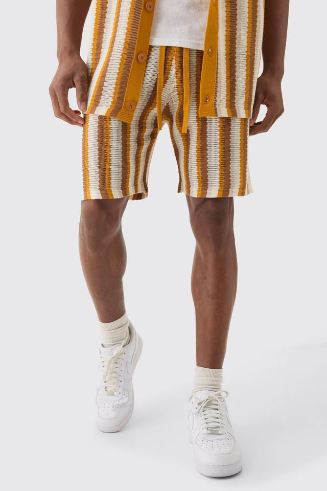 Relaxed Open Stitch Stripe Knit Short In Mustard | boohooMAN USA Product Image