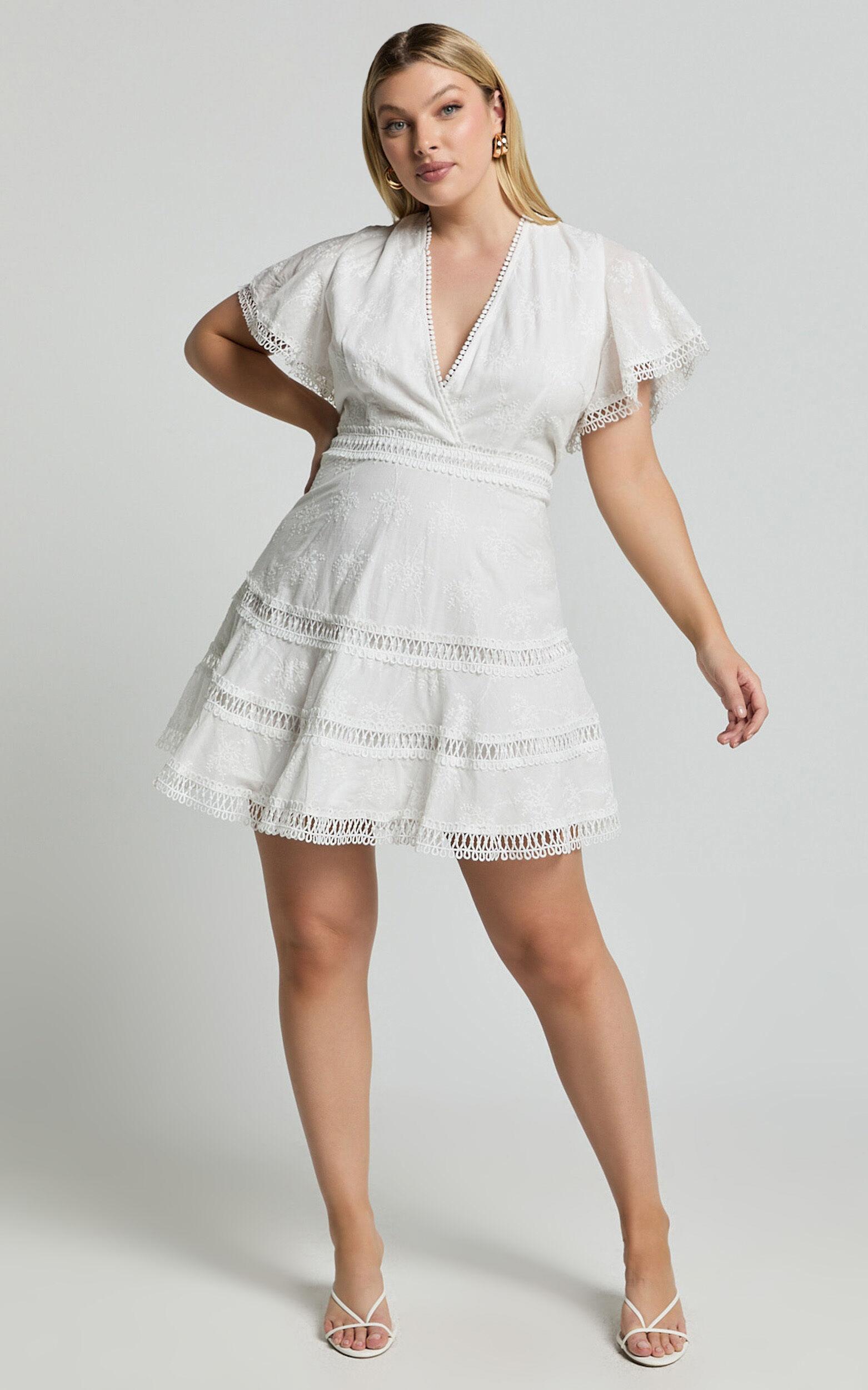 Ariana Mini Dress - V Neck Flutter Sleeve A Line in White Product Image