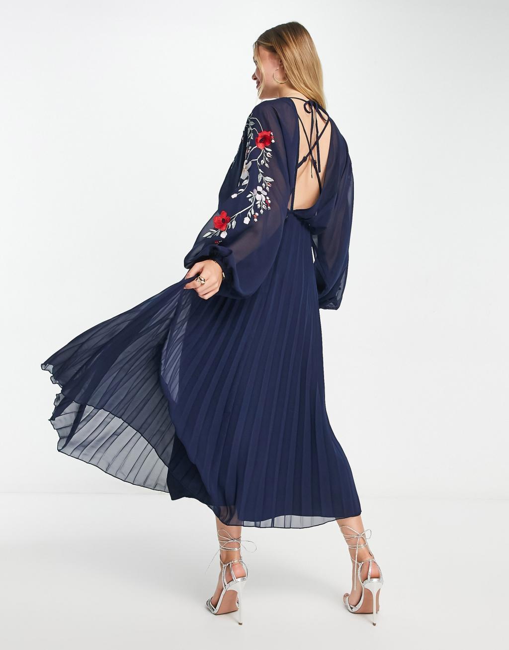 ASOS DESIGN embroidered blouson open back pleated midi dress in navy Product Image