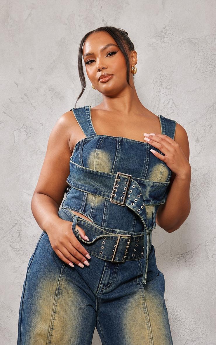 Plus Vintage Wash Buckle Denim Corset Top Product Image