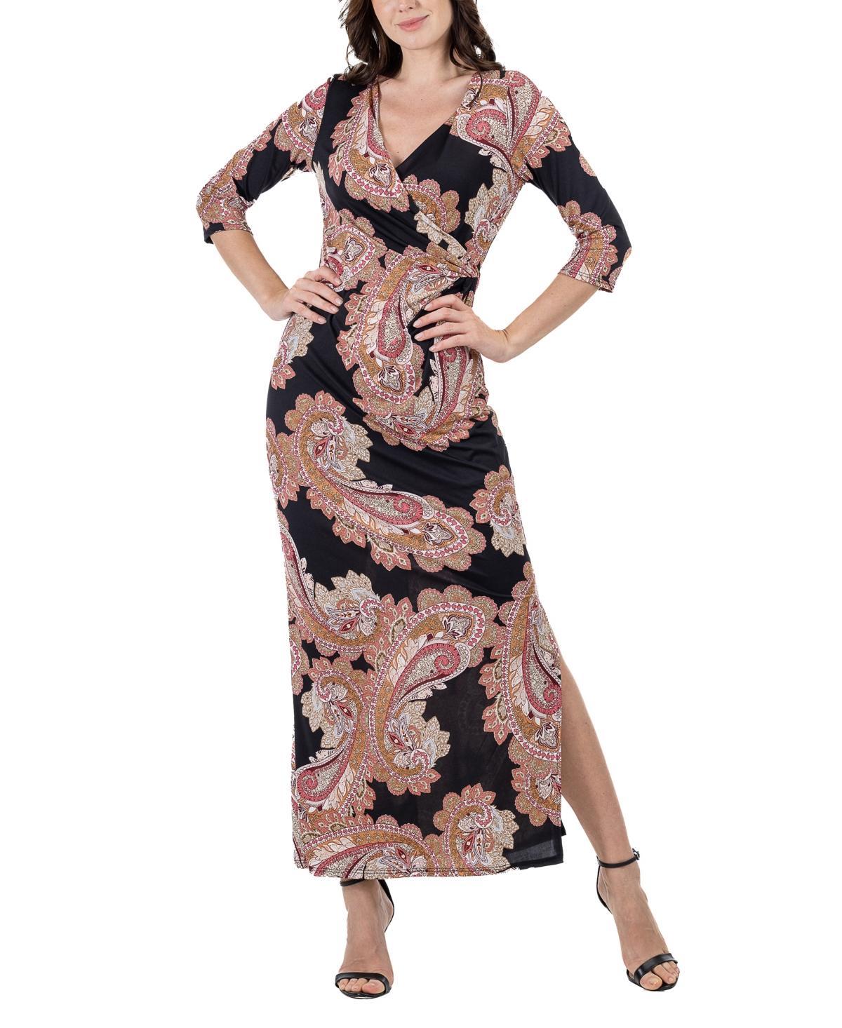 24seven Comfort Apparel Womens Paisley Sleeve Side Slit Maxi Dress Product Image