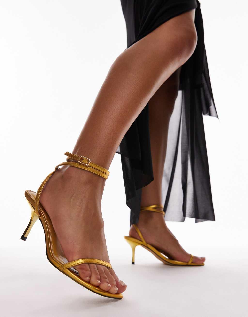 Topshop Wide Fit Fina barely there mid heeled sandals in gold Product Image