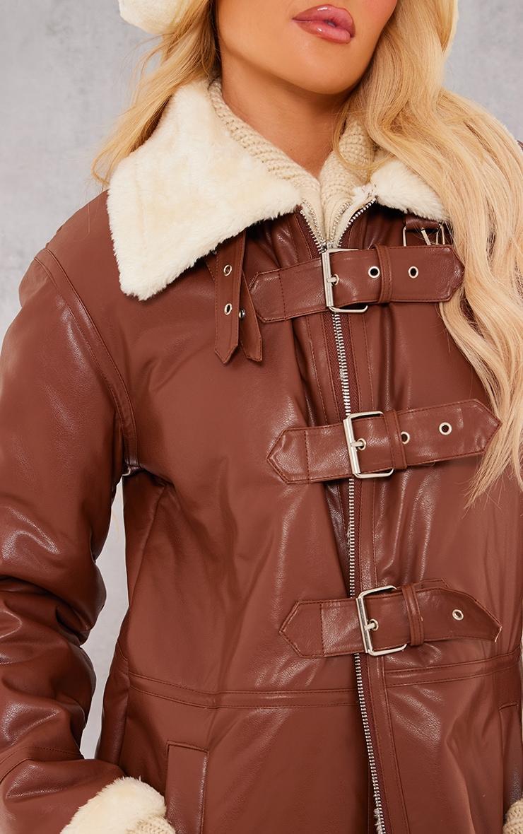 Brown Faux Leather Longline Aviator Belt Detail Coat Product Image