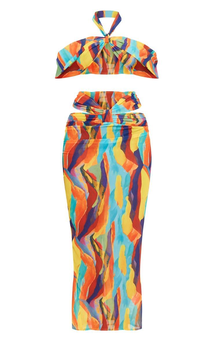 Multi Abstract Print Chiffon Cut Out Bardot Midi Dress Product Image