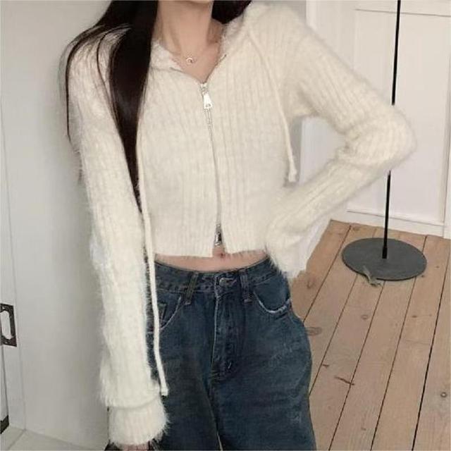 Plain Drawstring Hooded Ribbed Zip Crop Knit Top Product Image