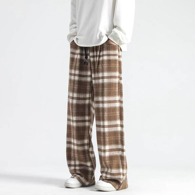 Drawstring Waist Plaid Wide Leg Pants Product Image