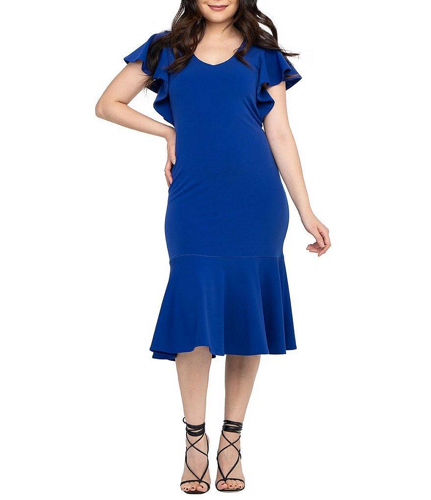 Eva Varro Knit Jersey V-Neck Short Flutter Sleeve Ruffle Flounce Hem Midi Sheath Dress Product Image