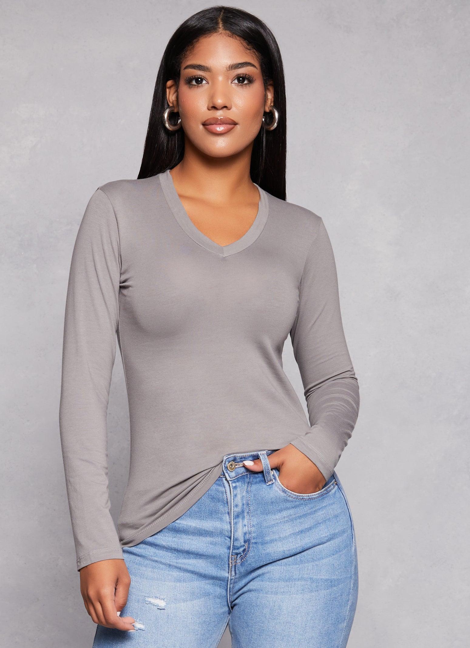 Womens Basic V Neck Long Sleeve T Shirt Product Image