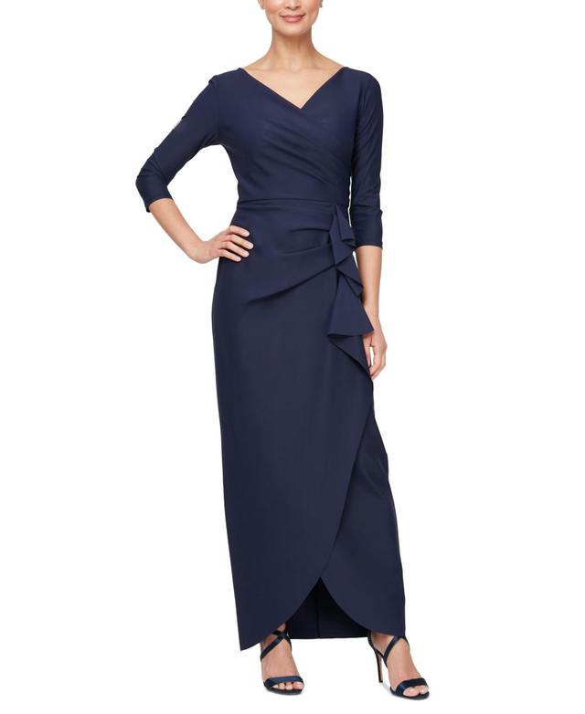 Alex Evenings Womens Compression Surplice Draped 3/4-Sleeve Gown Product Image