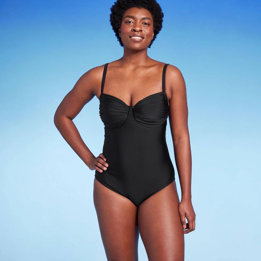 Womens Shirred Underwire Medium Coverage One Piece Swimsuit - Kona Sol Black L Product Image