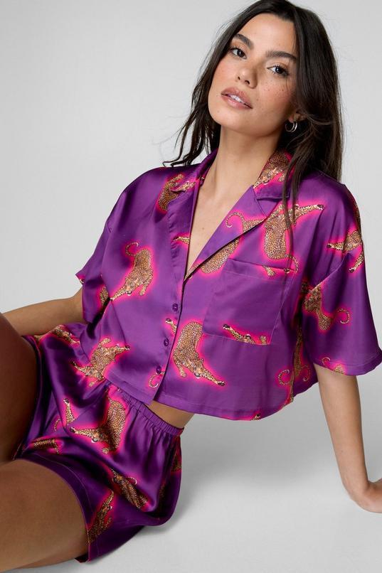 Satin Ombre Leopard Boxy Pajama Shirt And Short Set Product Image