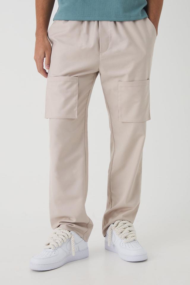 Mens Beige Elasticated Straight Leg Smart Cargo Trousers, Beige Product Image