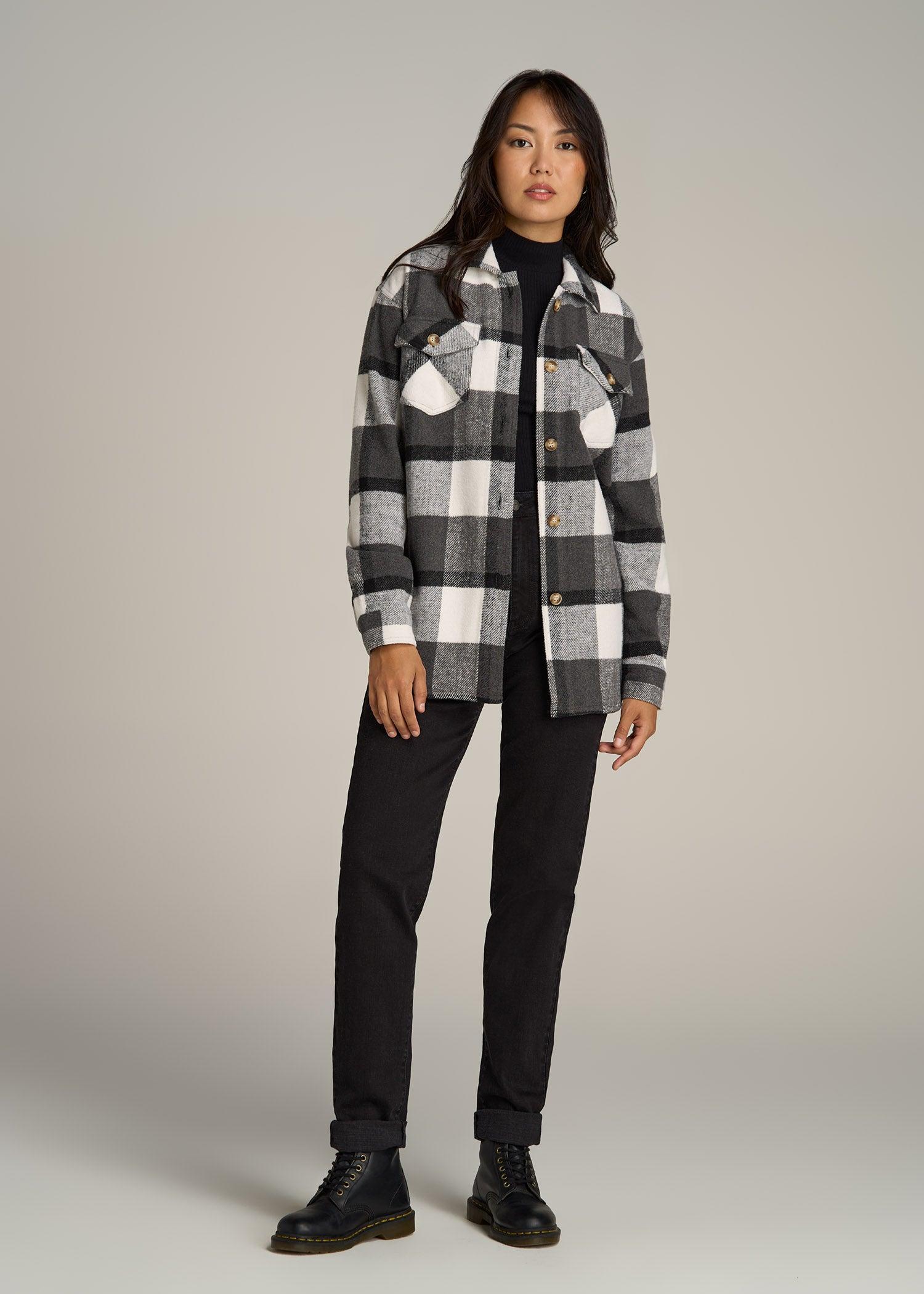 Flannel Women's Tall Shacket in Grey and Black Plaid Female Product Image