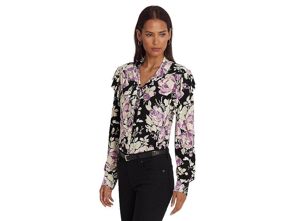 Lauren Ralph Lauren Floral Stretch Jersey Tie-Neck Top (Black/Lavender/Cream) Women's Clothing Product Image