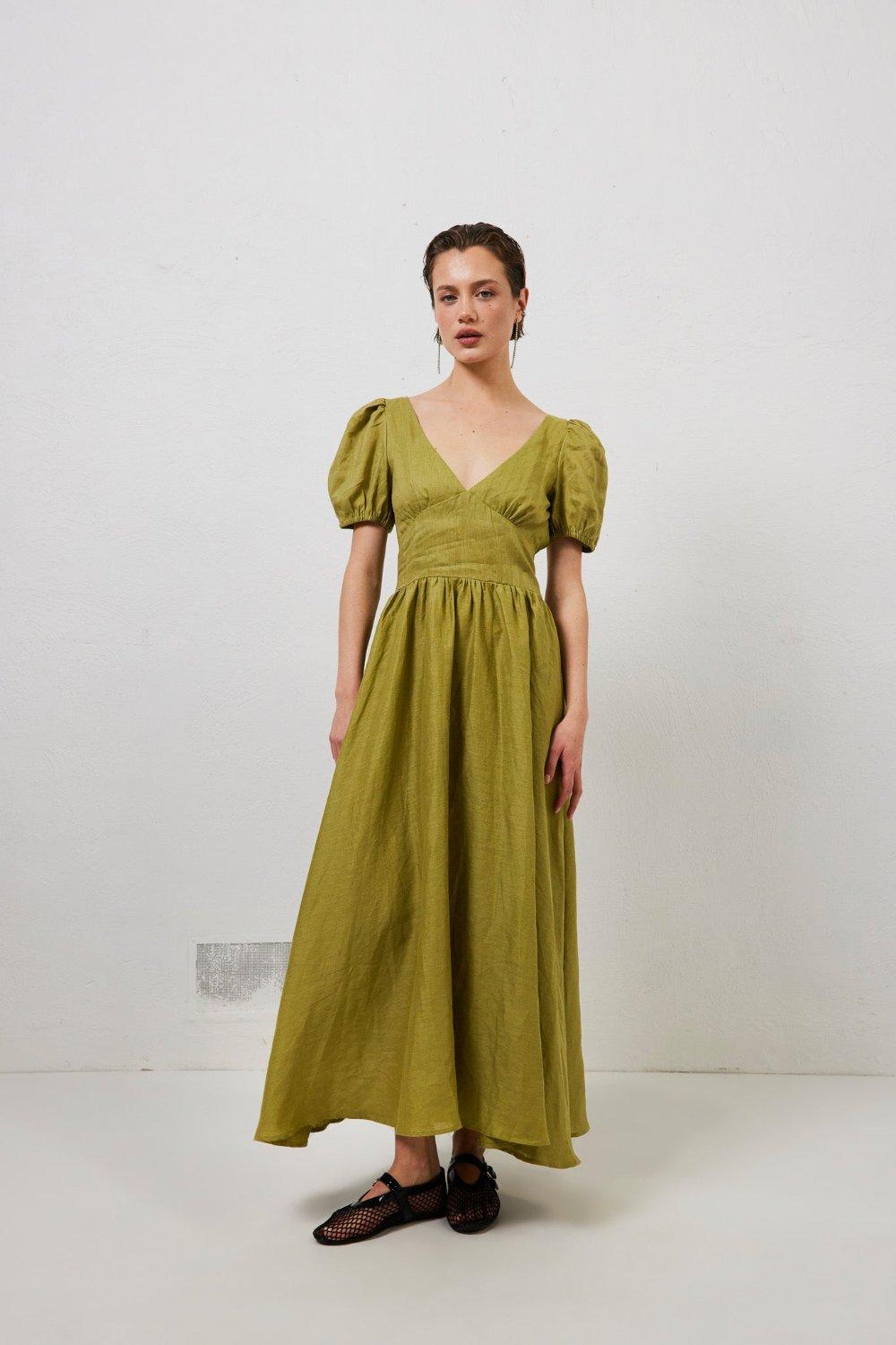 Paradiso Linen Midi Dress Olive Product Image