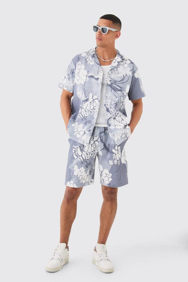 Oversized Floral Printed Pleated Shirt & Short Set | boohooMAN USA Product Image