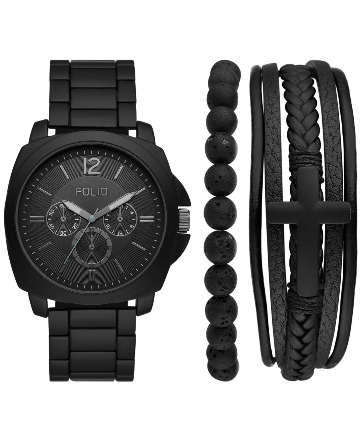 Folio Mens Three Hand Black Alloy Watch 44mm Gift Set - Black Product Image