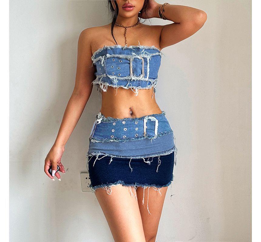 Set: Fringed Trim Denim Cropped Tube Top + Color Block Mini Pencil Skirt Product Image