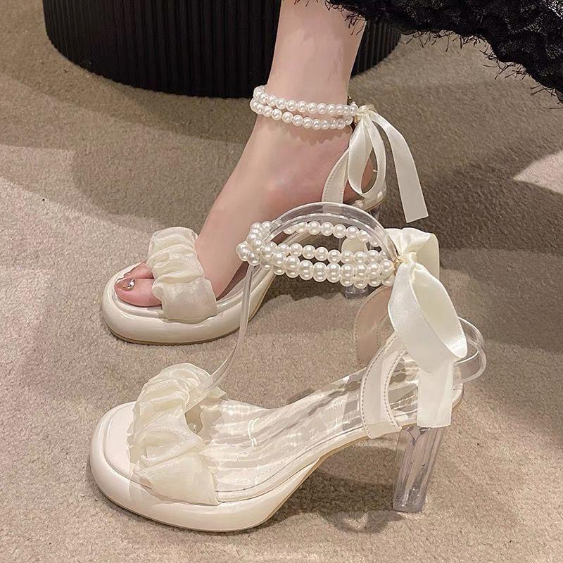 Ankle Strap Ruched Bow Faux Pearl Chunky Heel Sandals Product Image