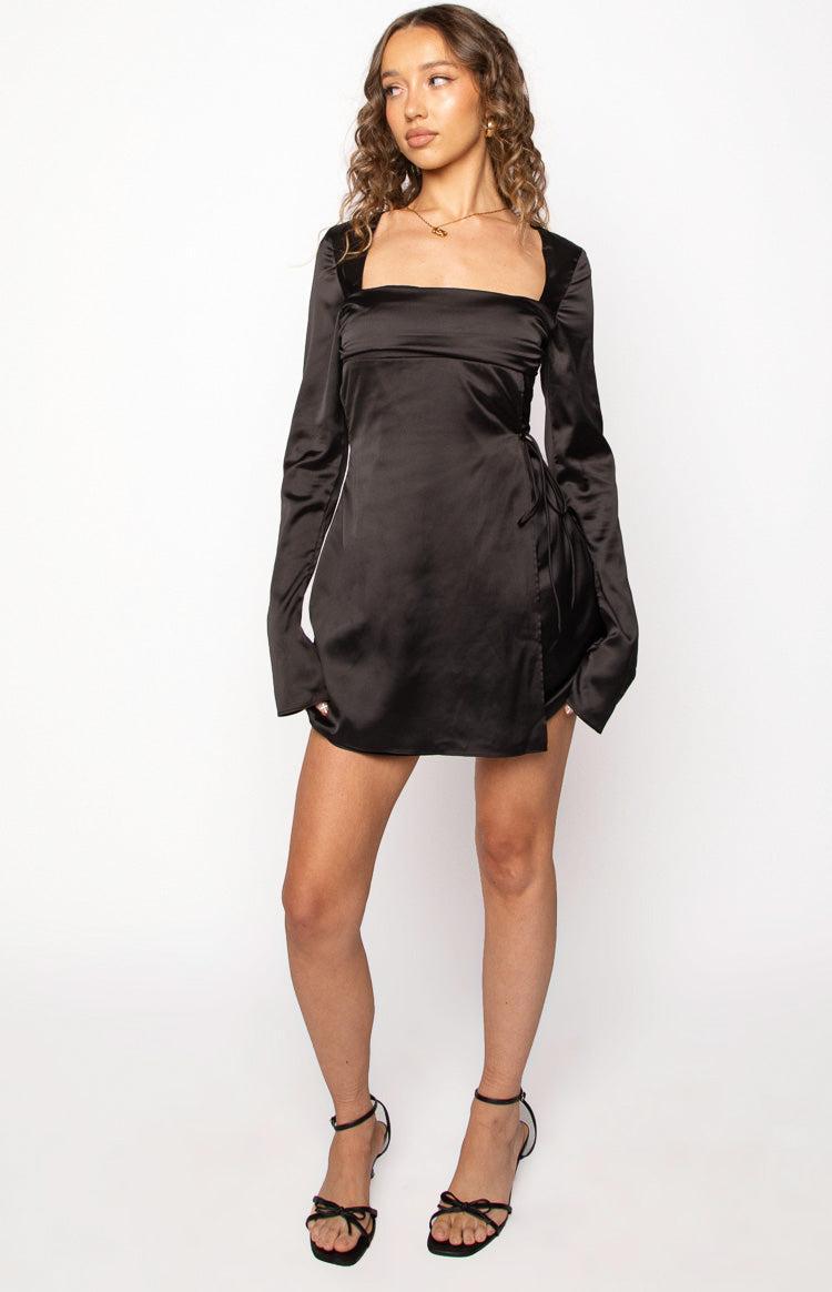 Lucy Black Satin Long Sleeve Mini Dress Product Image