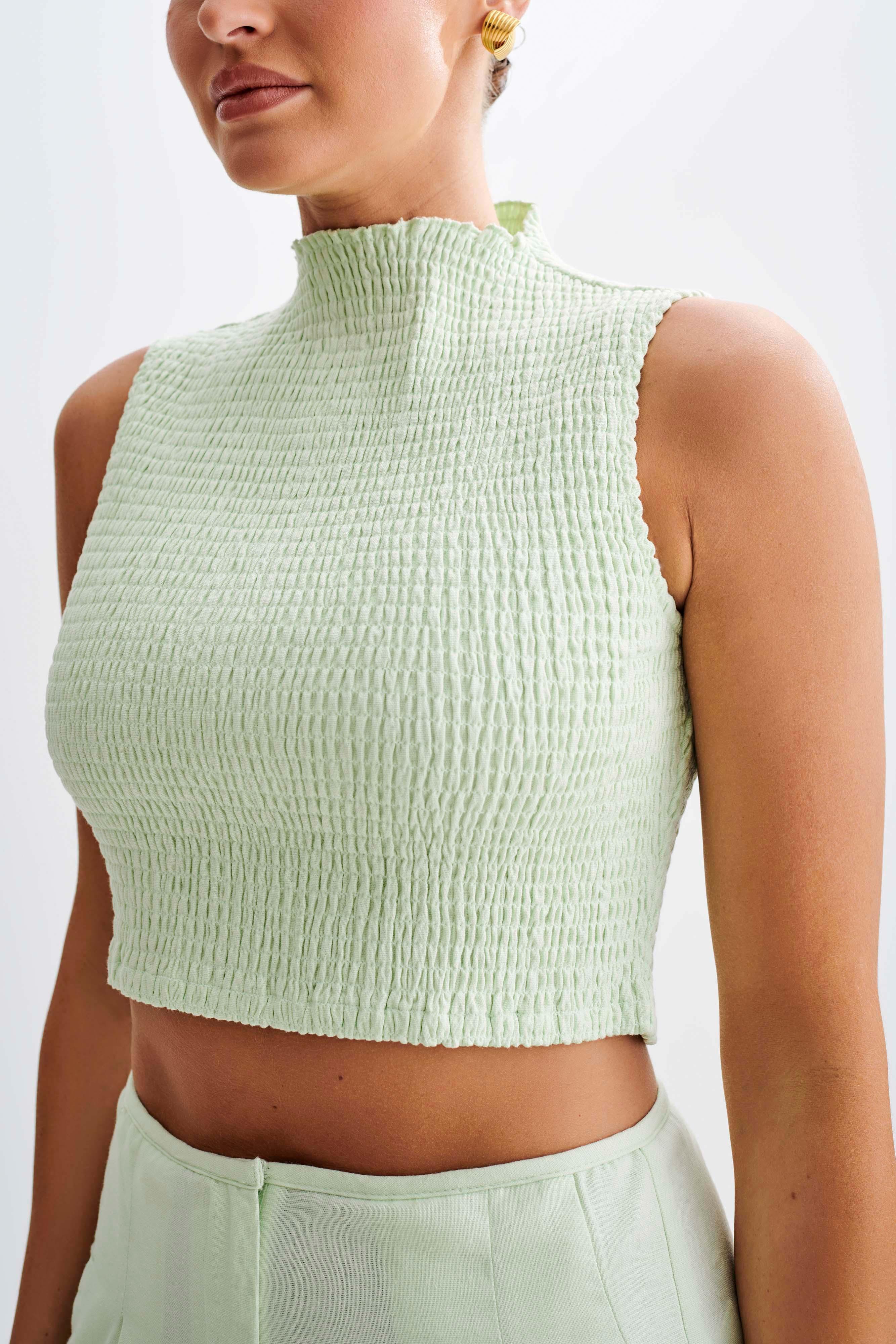 Emanuelle Sleeveless Linen Shirring Top - Mint Product Image