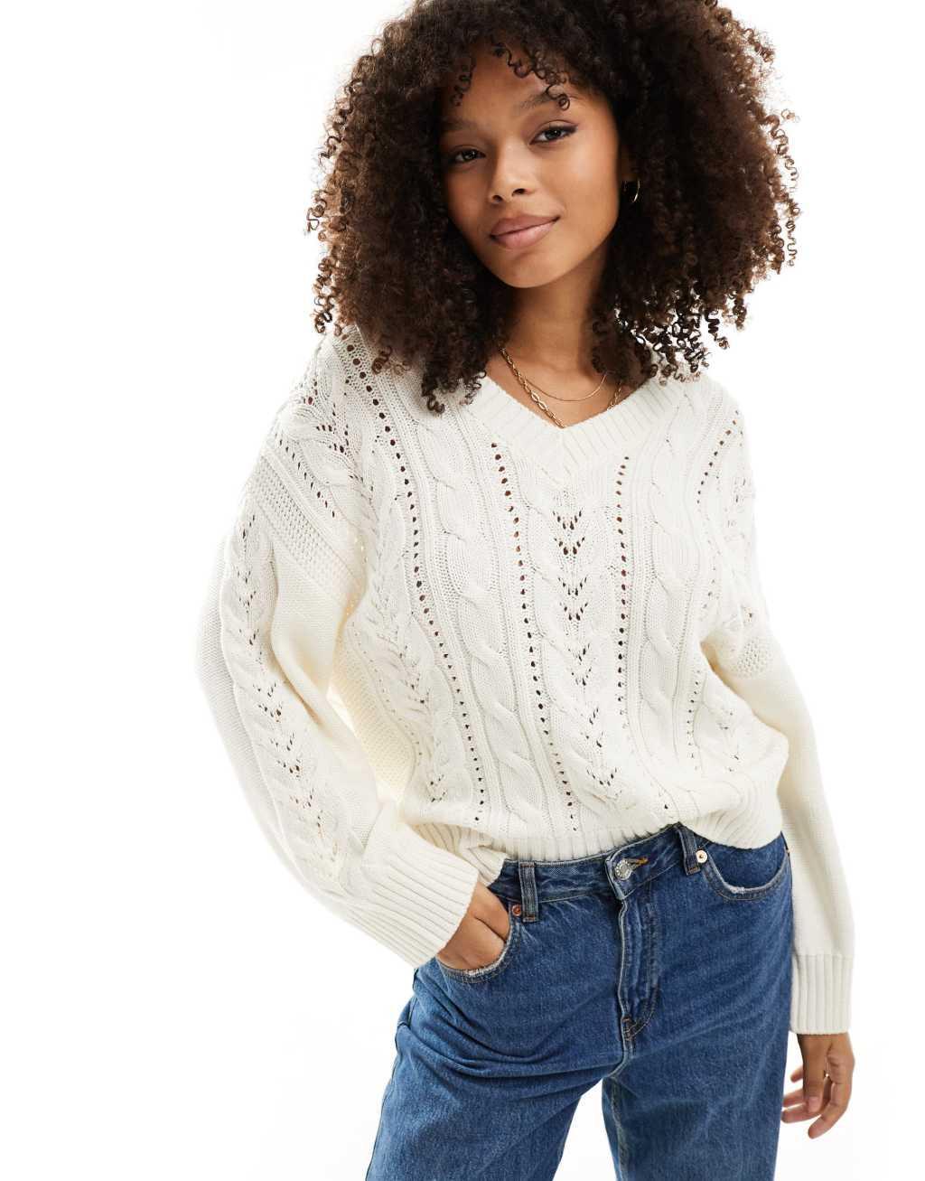 ASOS DESIGN v neck cable knit sweater in cream product image