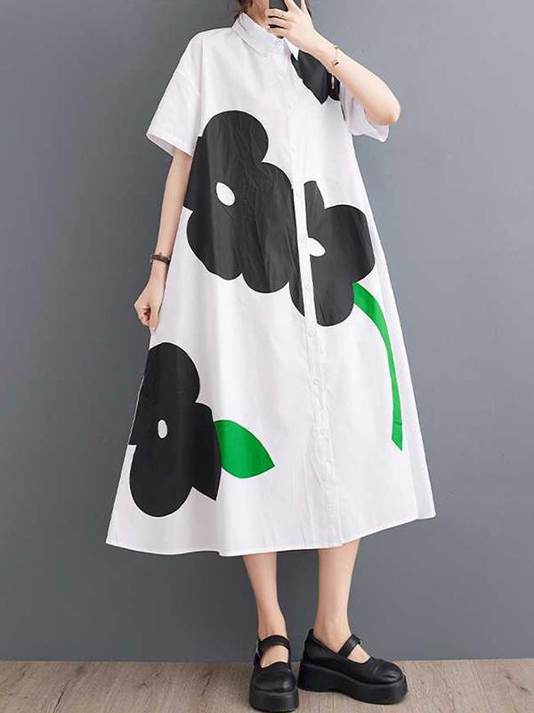 Loose Short Sleeves Buttoned Floral Printed Lapel Collar Midi Dresses Product Image