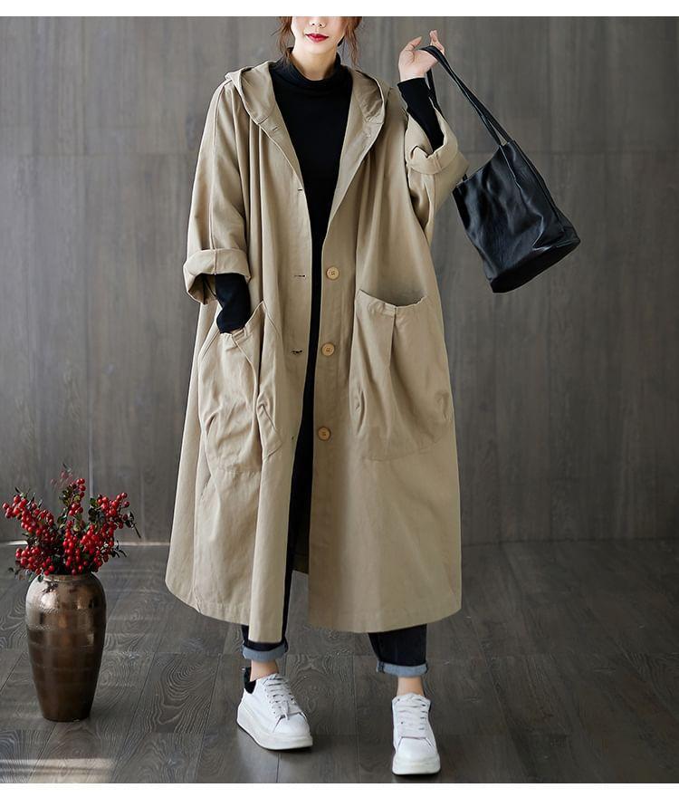 Plain Hooded Button-Up Long Trench Coat Product Image