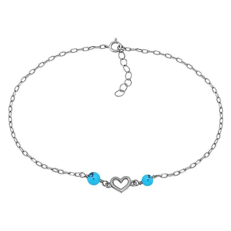 Aleure Precioso Sterling Silver Polished Heart Charm Anklet, Womens Sterling Silver Blue Product Image