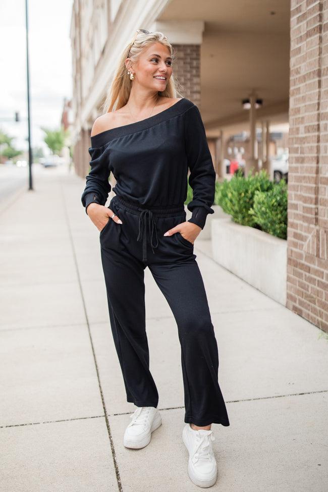 Memory Lane Black Off The Shoulder Knit Jumpsuit FINAL SALE Product Image