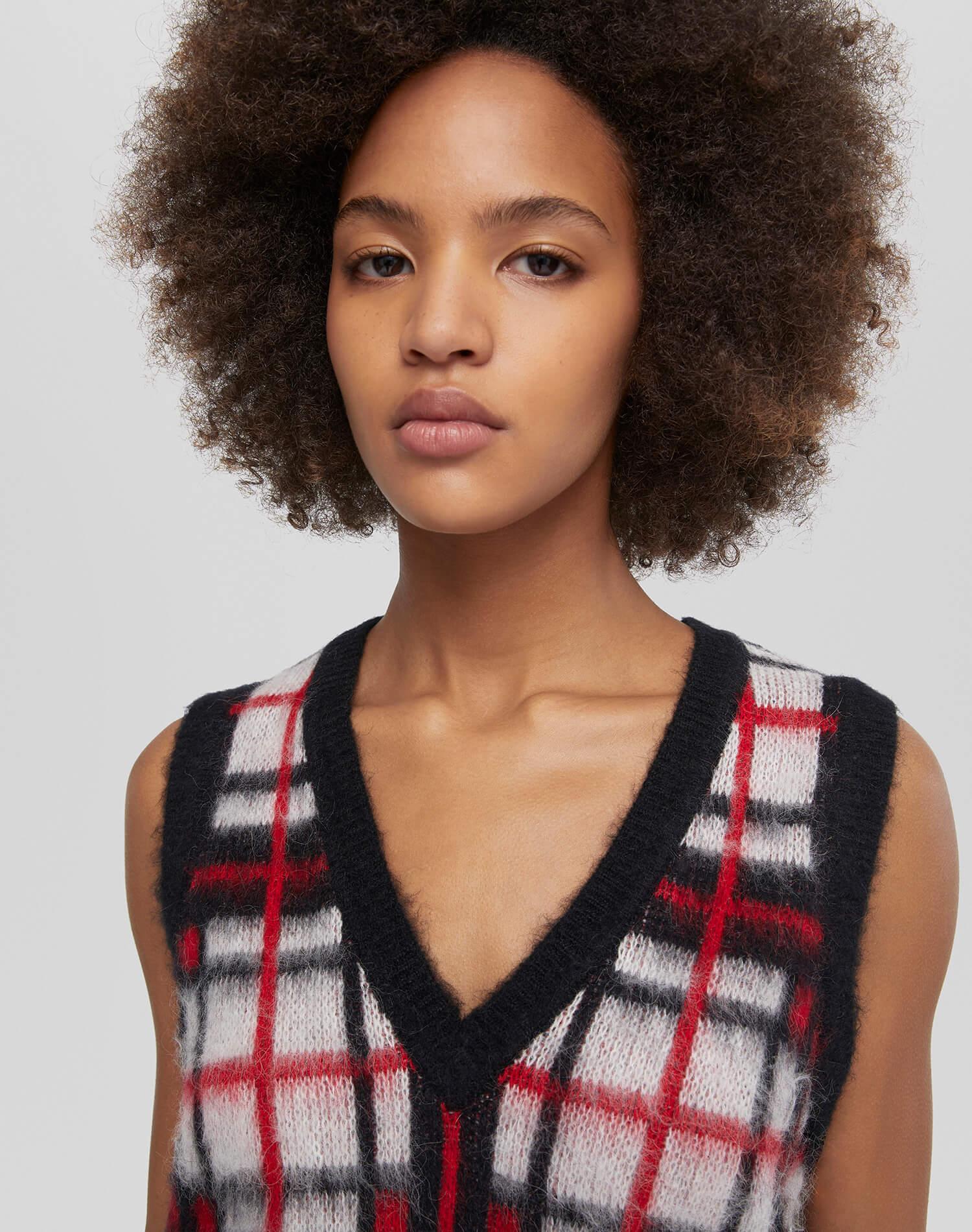 Tartan V Neck Vest - Black/Red/White Product Image