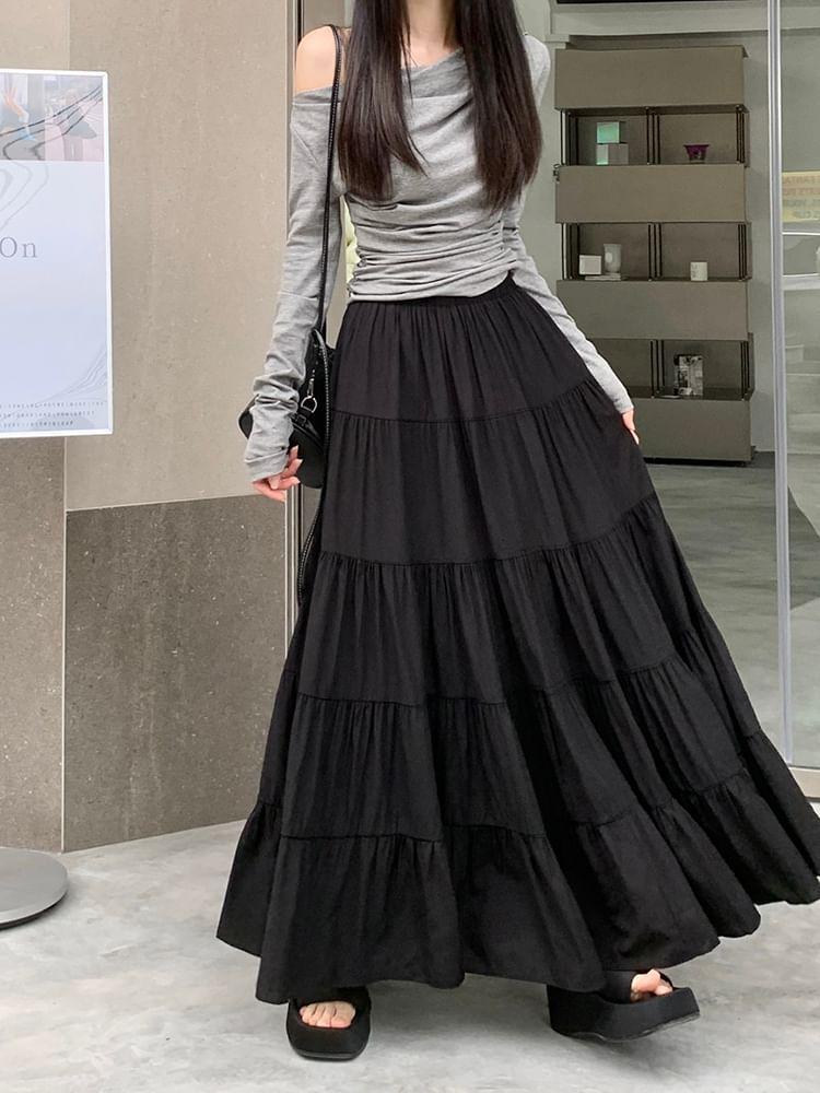 Elastic Waist Plain Tiered Maxi A-Line Skirt Product Image