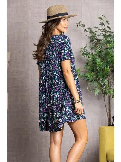 Navy Floral Short Sleeve Dress Female Product Image