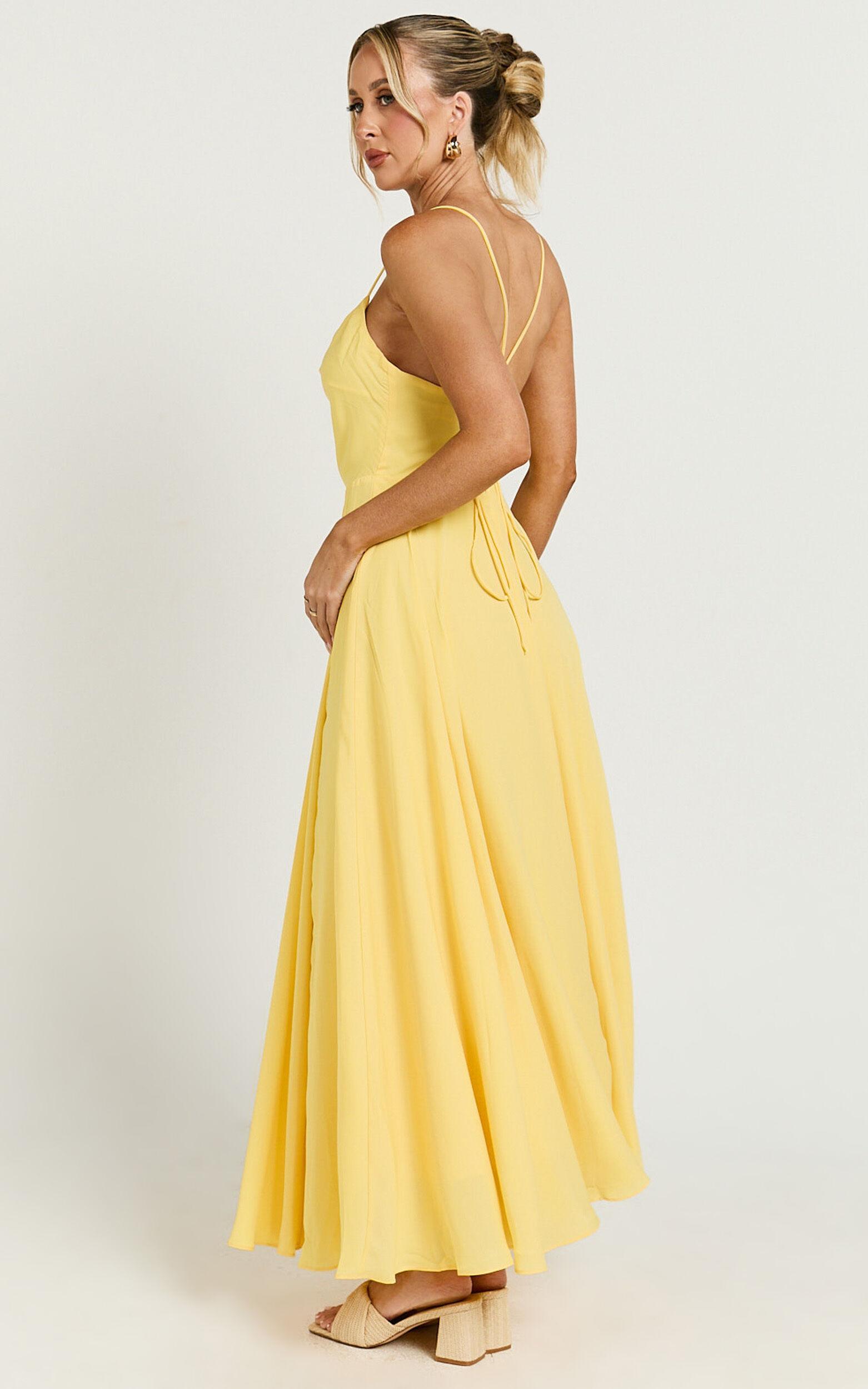 Celestine Midi Dress - Lace Up Back Cowl Neck Dress in Lemon Product Image