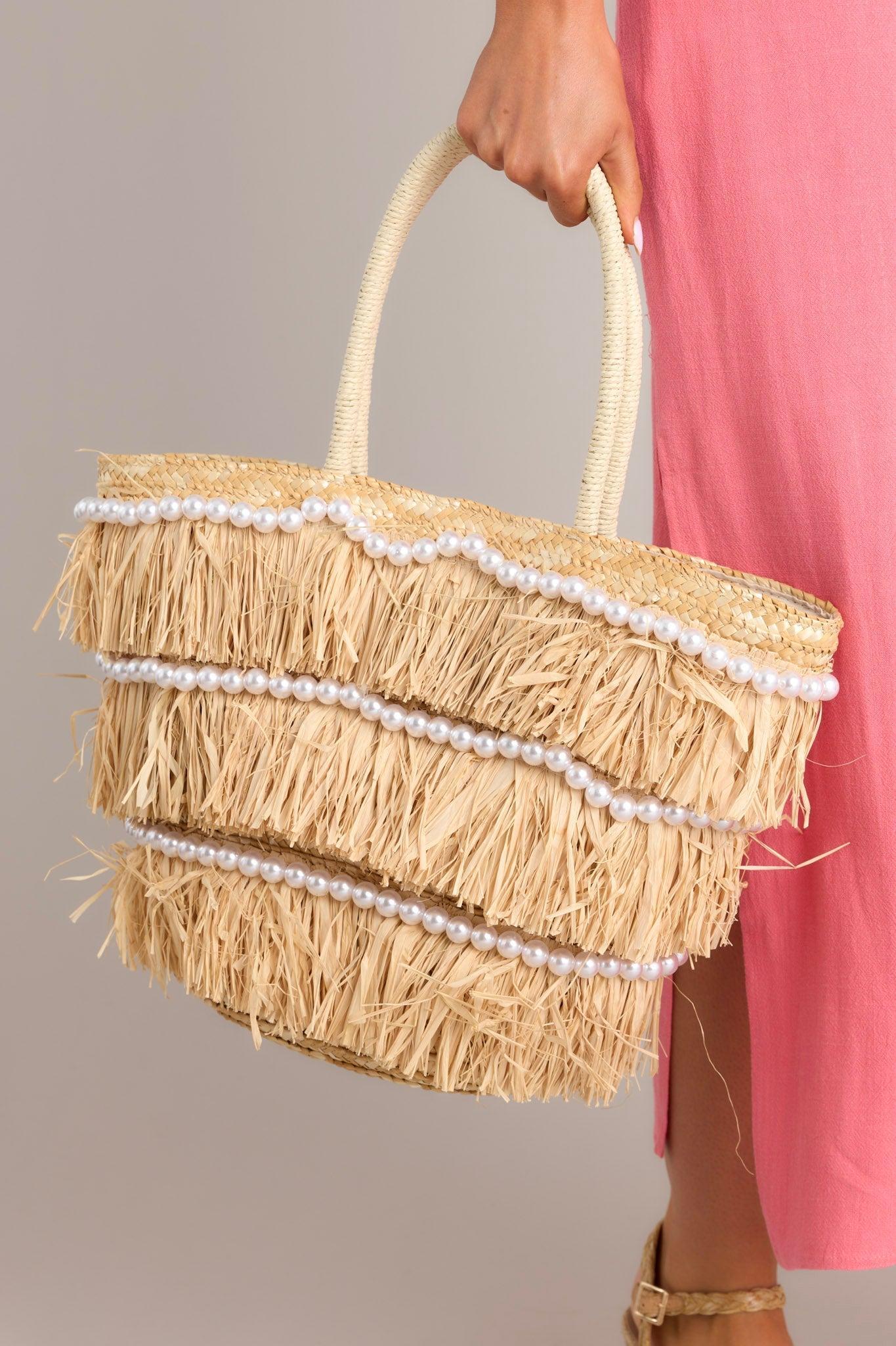 Coastal Carryall Straw Fringe Tote Bag Product Image