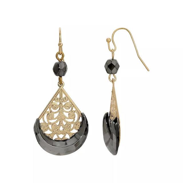 1928 Gold Tone Simulated Hematite Enamel Fan Drop Earrings, Womens, Gray Product Image