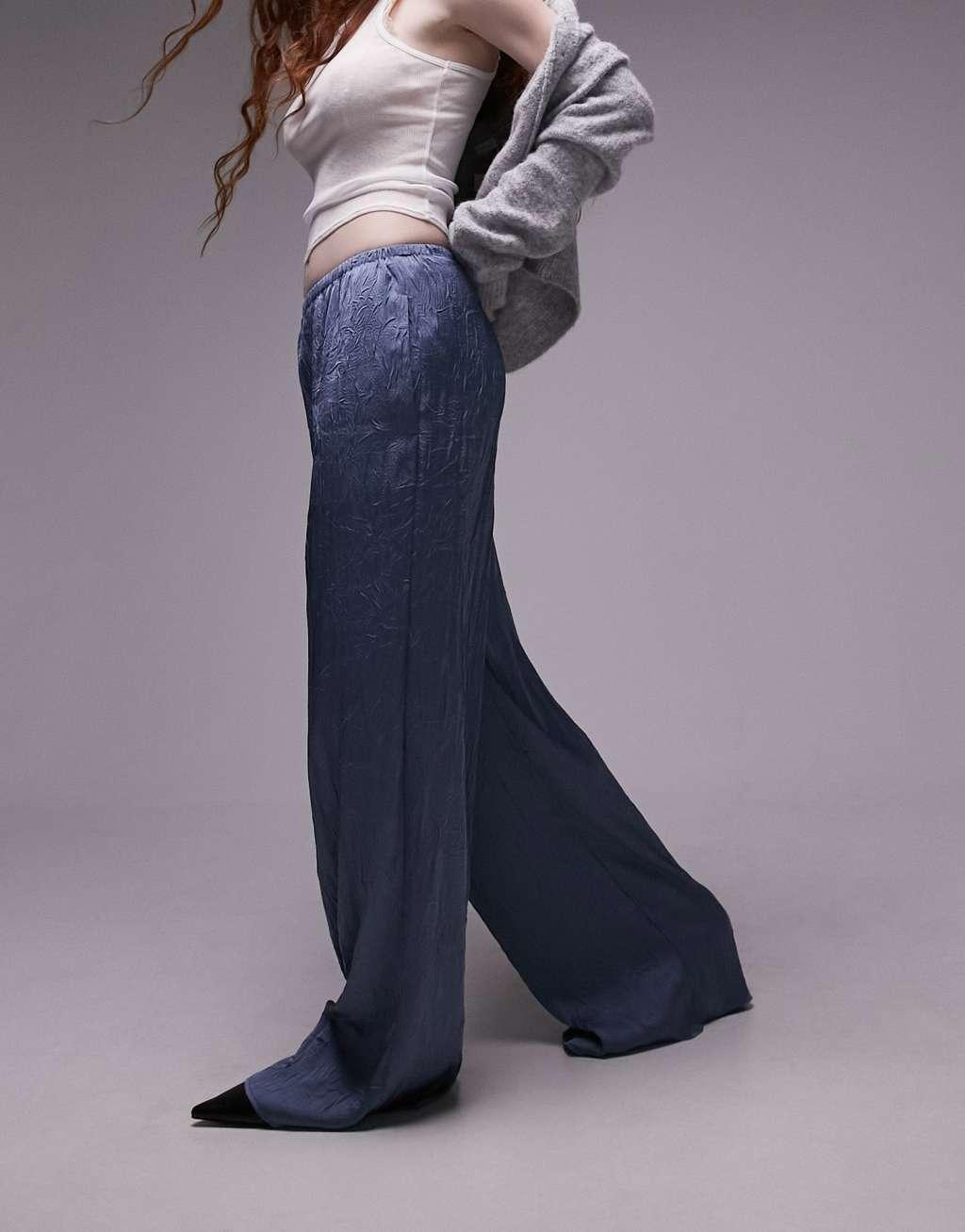 Topshop crinkle satin wide leg pull on pants in air force blue Product Image