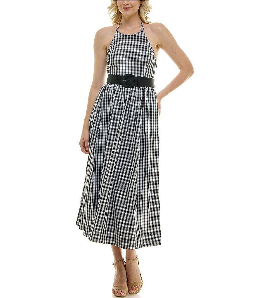 Taylor Gingham Halter Neck Sleeveless Belted Smocked Back Midi Dress Product Image