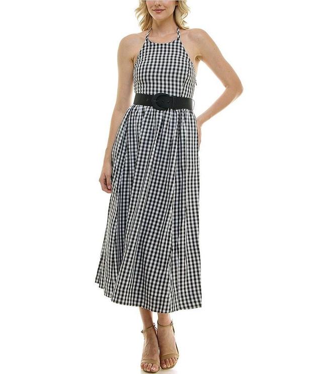 Taylor Gingham Halter Neck Sleeveless Belted Smocked Back Midi Dress Product Image