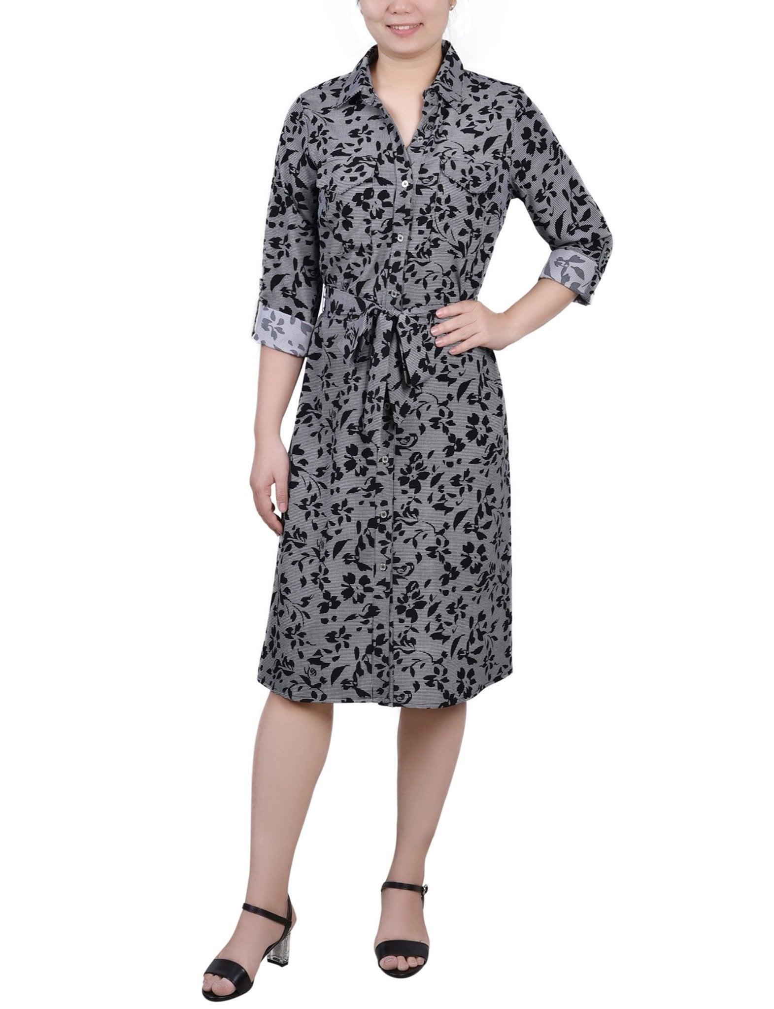 3/4 Length Roll Tab Sleeve Belted Shirtdress - Petite Product Image